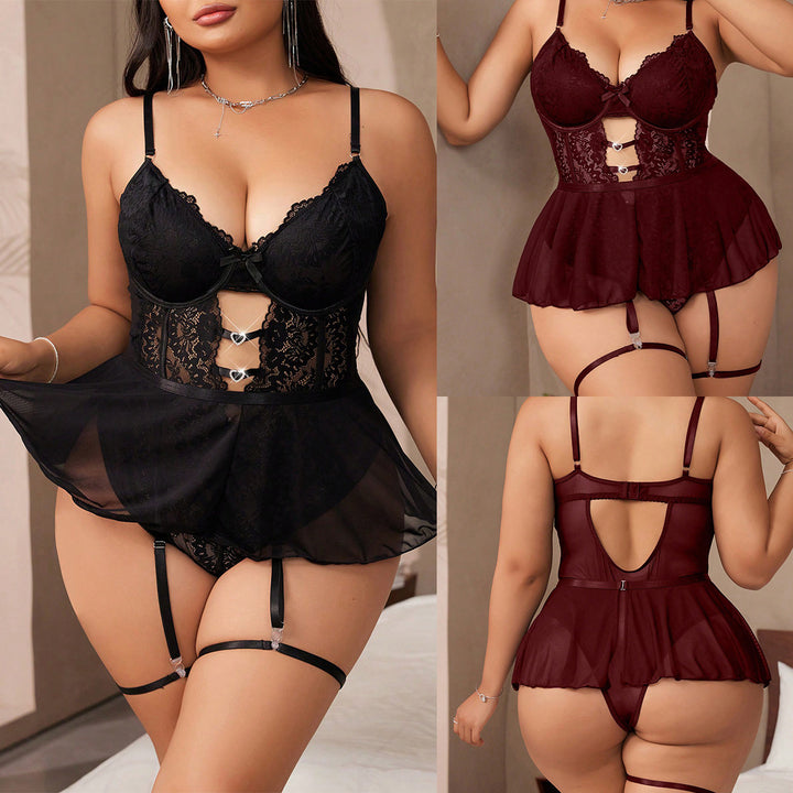 Plus Size Lace Lingerie Set with Garters – Sheer Bodysuit Stocking Set for Women
