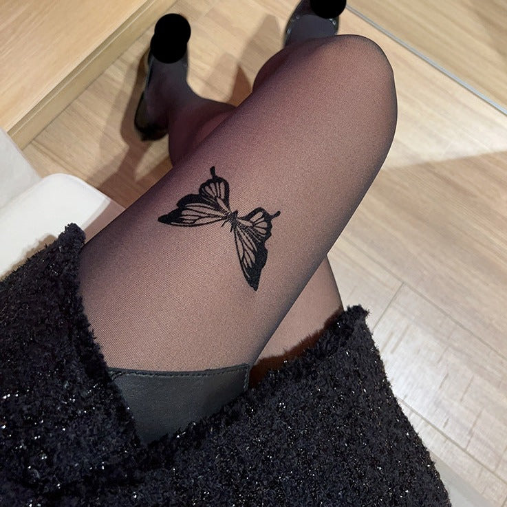 Butterfly Black Silk Thin Stockings