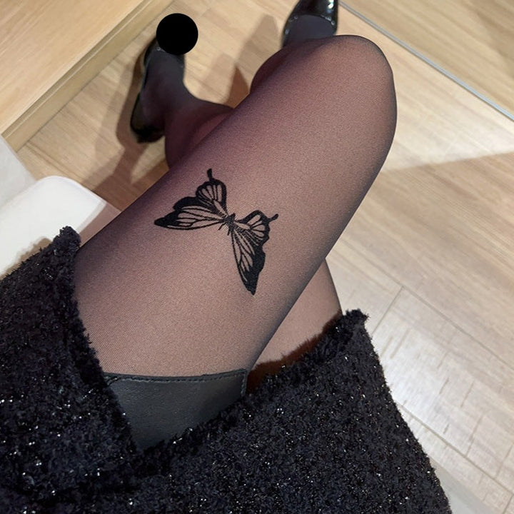 Butterfly Black Silk Thin Stockings