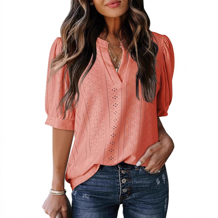 Eyelet V Neck Casual Blouse