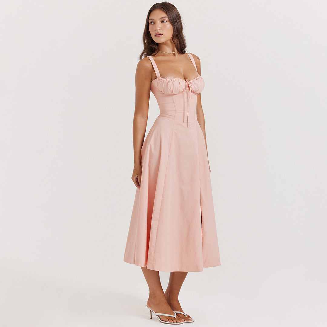 French Style Tie Waist Maxi Dress – A-Line Slit Spaghetti Strap Summer Dress for Women