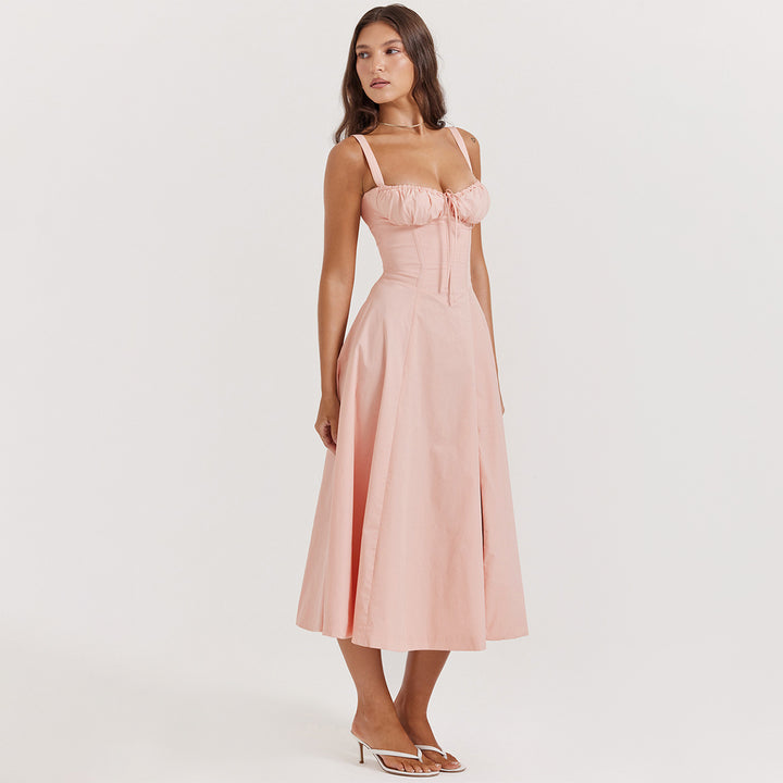 French Style Tie Waist Maxi Dress – A-Line Slit Spaghetti Strap Summer Dress for Women
