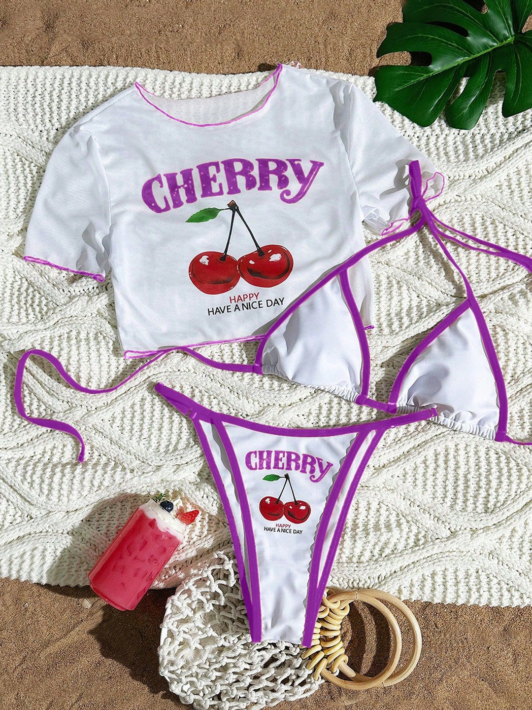 3-Piece Printed Bikini Set – Sheer Mesh Cover-Up Swimsuit for Women