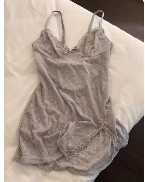 Leopard Mesh Nightdress Set – Sheer Slip Dress & Thong