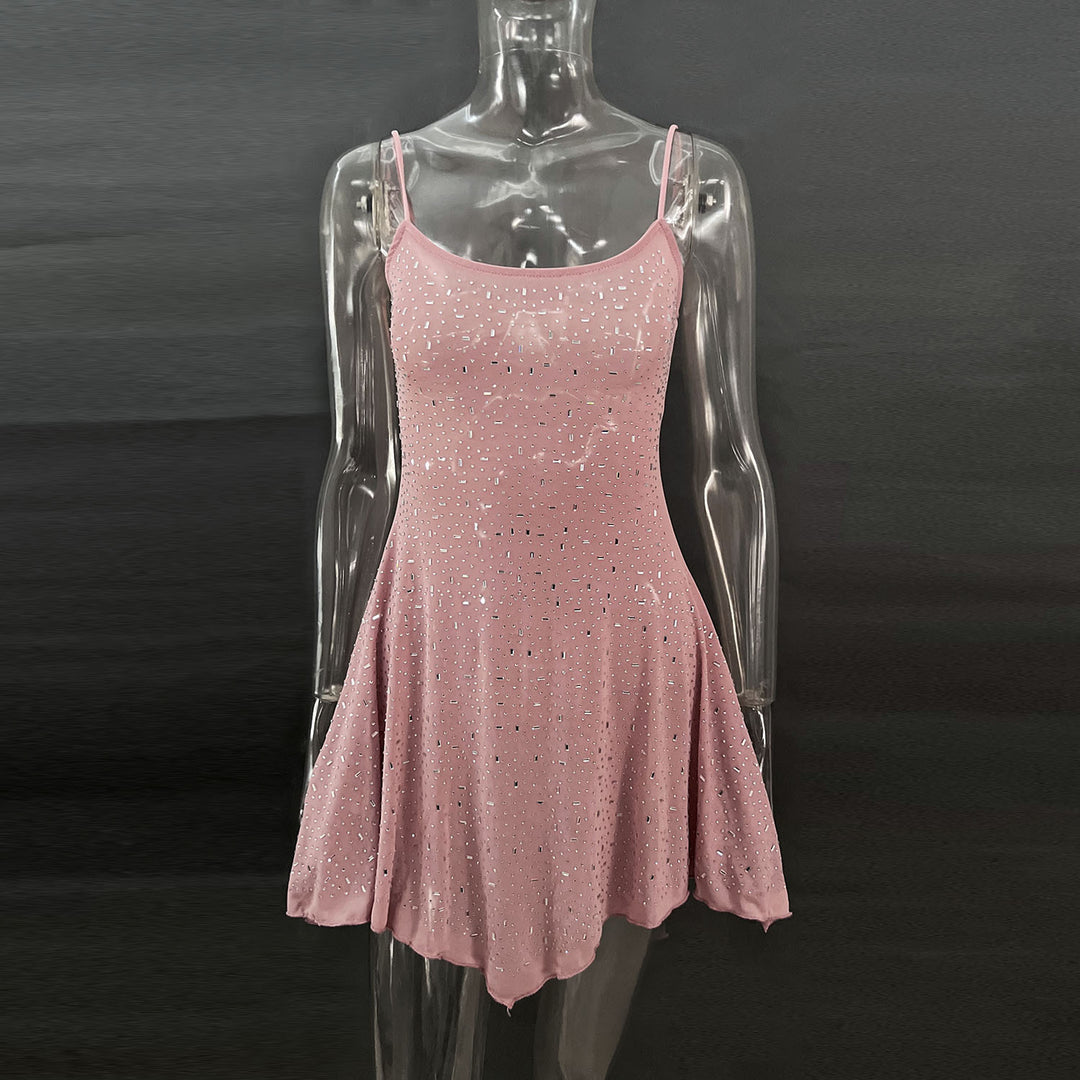 Sexy Rhinestone Sheer Mini Dress for Women – Spaghetti Strap Sparkly Party Outfit