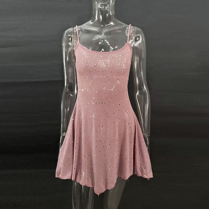 Sexy Rhinestone Sheer Mini Dress for Women – Spaghetti Strap Sparkly Party Outfit