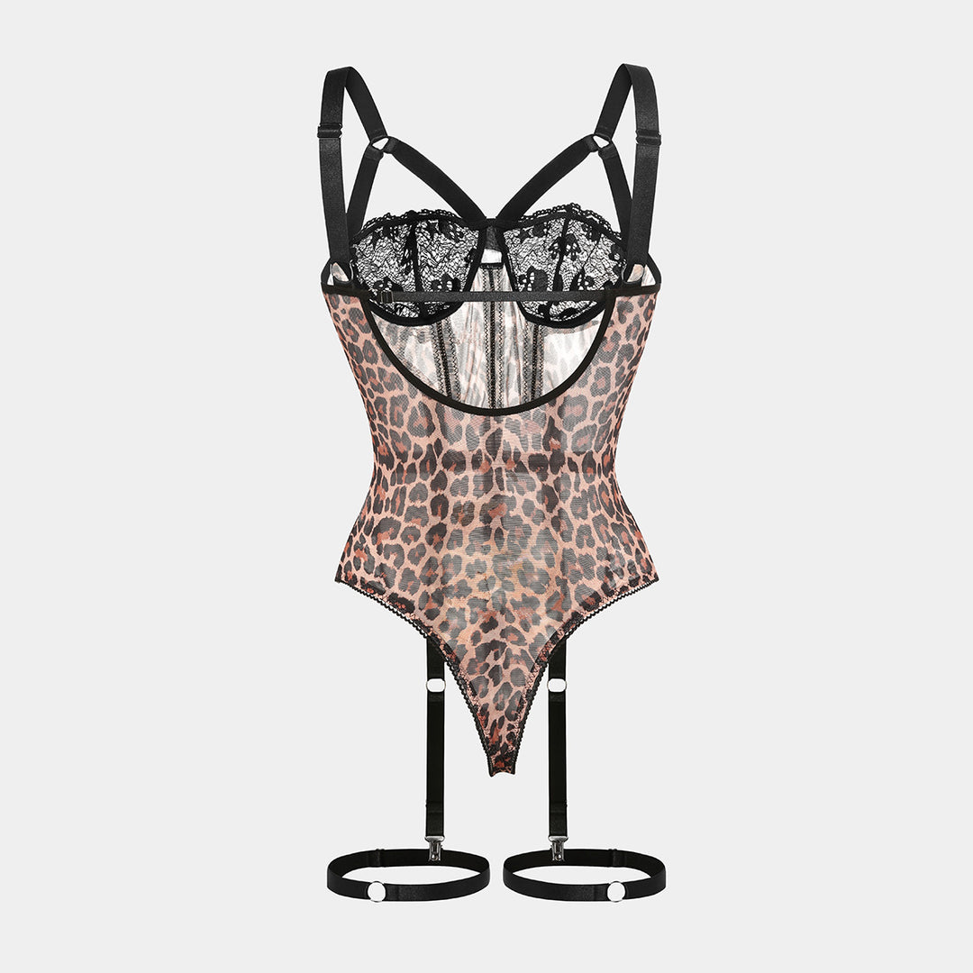 Sexy Leopard Lace Bodysuit for Women – Sheer Mesh Strappy One-Piece Lingerie