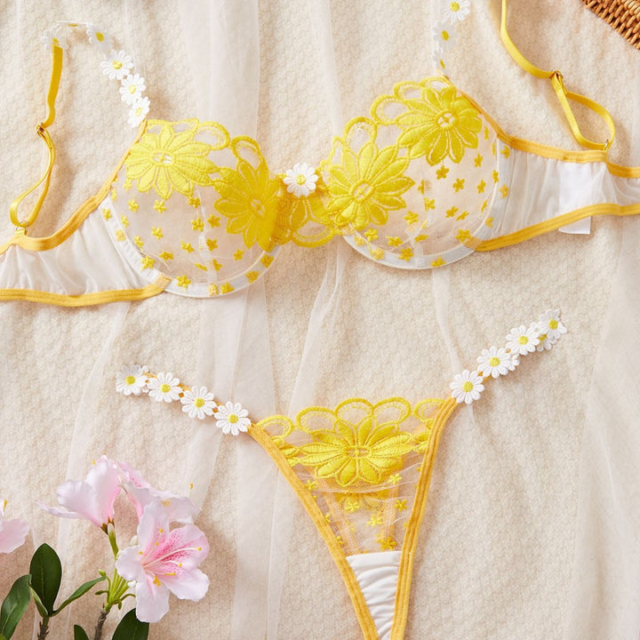 Sheer Floral Embroidery Lingerie Set – Daisy Mesh Bra & Thong Set for Women