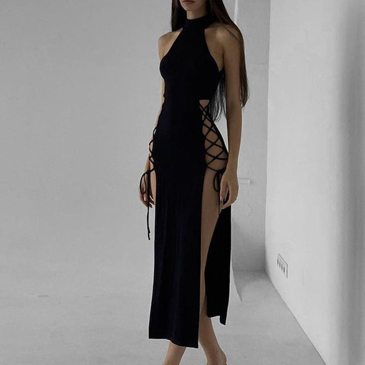 Women’s Halter Cutout Maxi Dress – Double Slit Bodycon Evening Dress