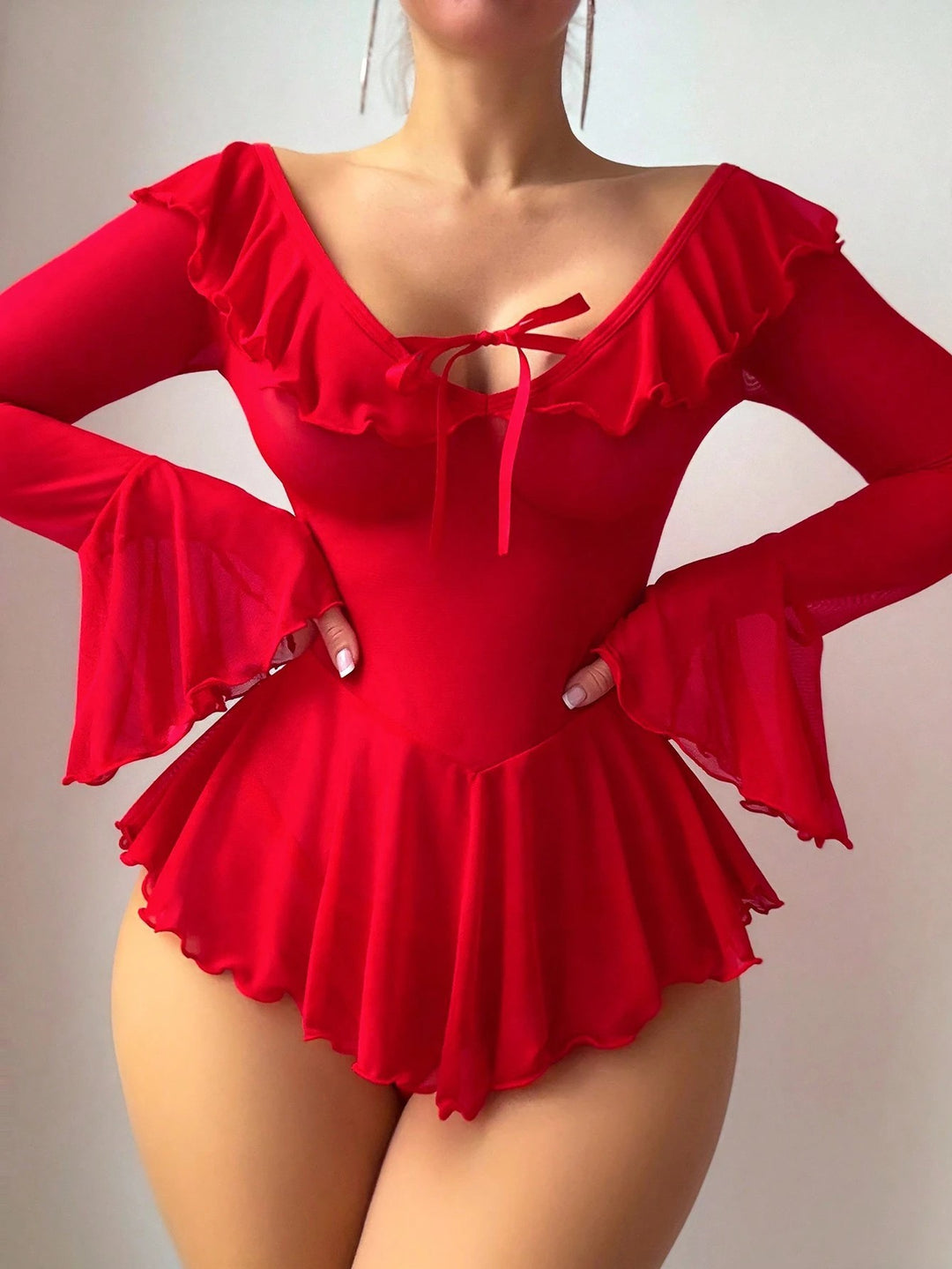 Women’s Off Shoulder Sheer Mesh Bell Sleeve Nightdress