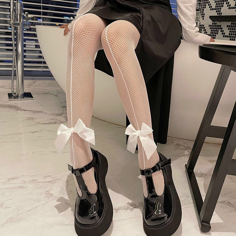 Black Silk Bow Tie Net Stockings