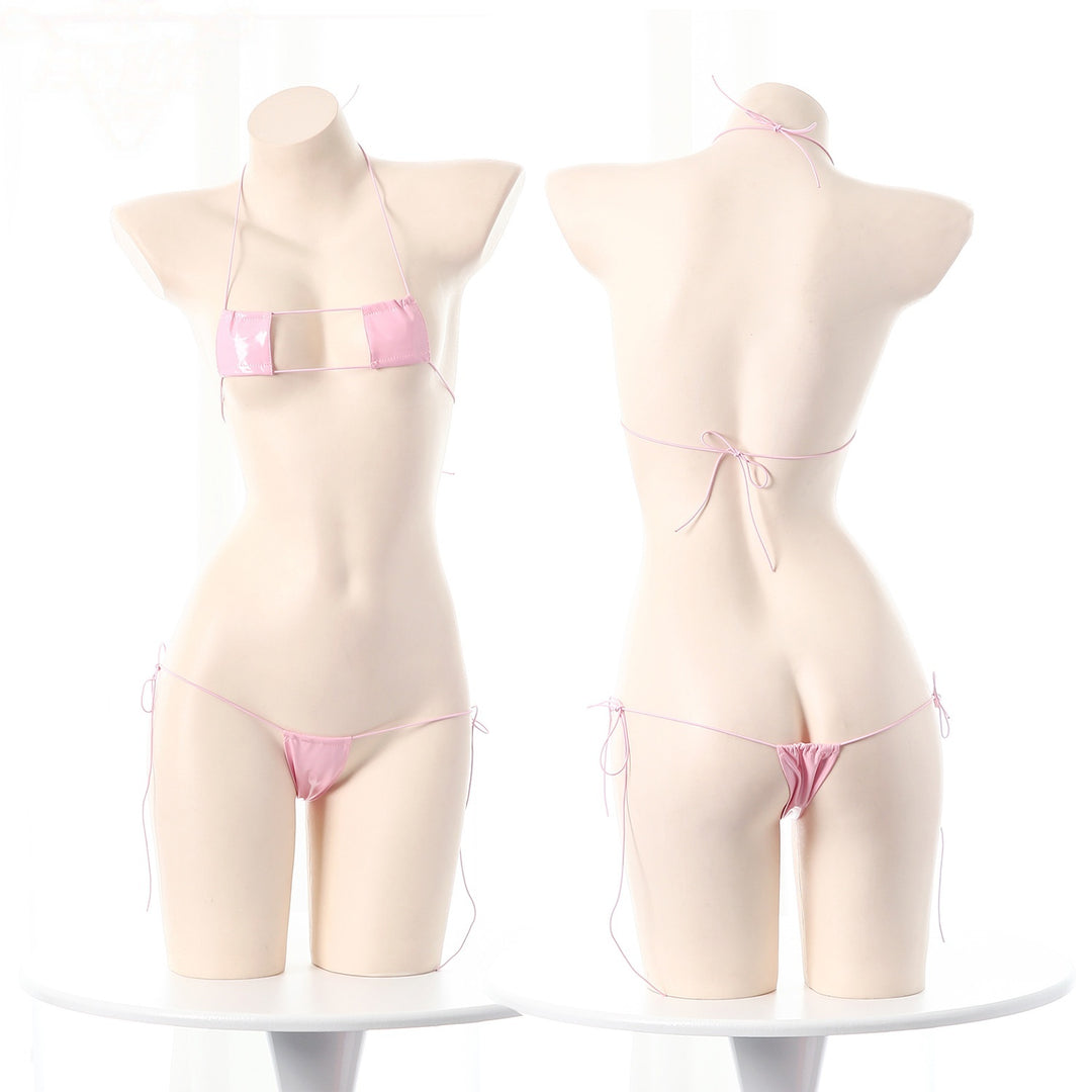Adjustable String Faux Leather Bikini Set