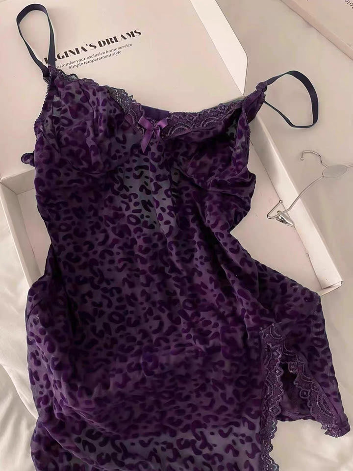 Leopard Mesh Nightdress Set – Sheer Slip Dress & Thong