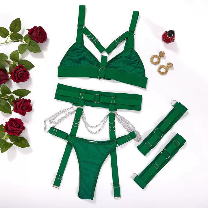 Sexy Strappy Lingerie Set – Metallic Chain Accent Outfit