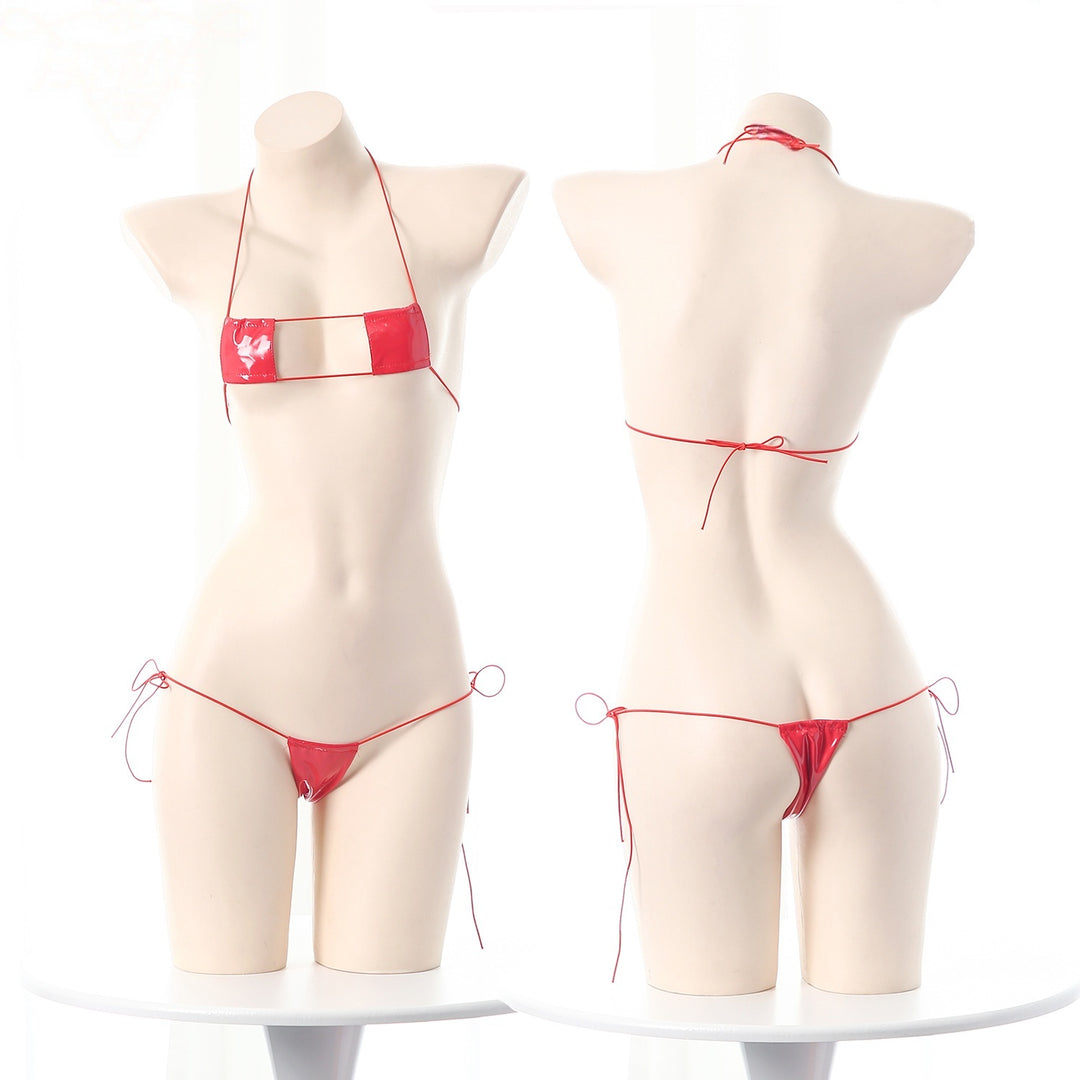 Adjustable String Faux Leather Bikini Set