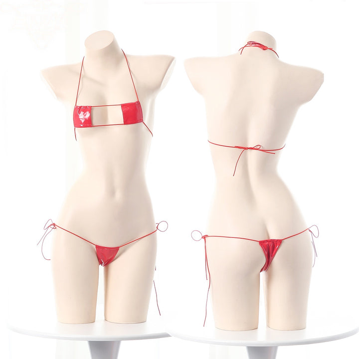 Adjustable String Faux Leather Bikini Set