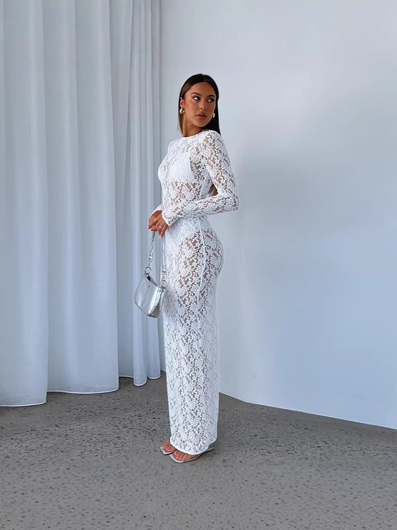 Black Lace Bodycon Maxi Dress – Long Sleeve Elegant Evening Dress for Women