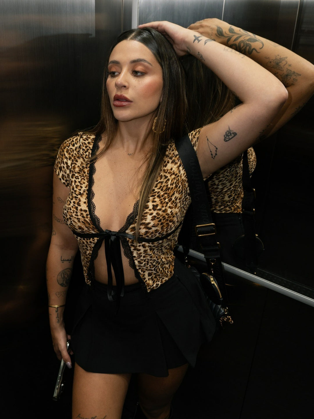 Women’s Leopard Print Lace Crop Top – Tie Front Cutout Shirt