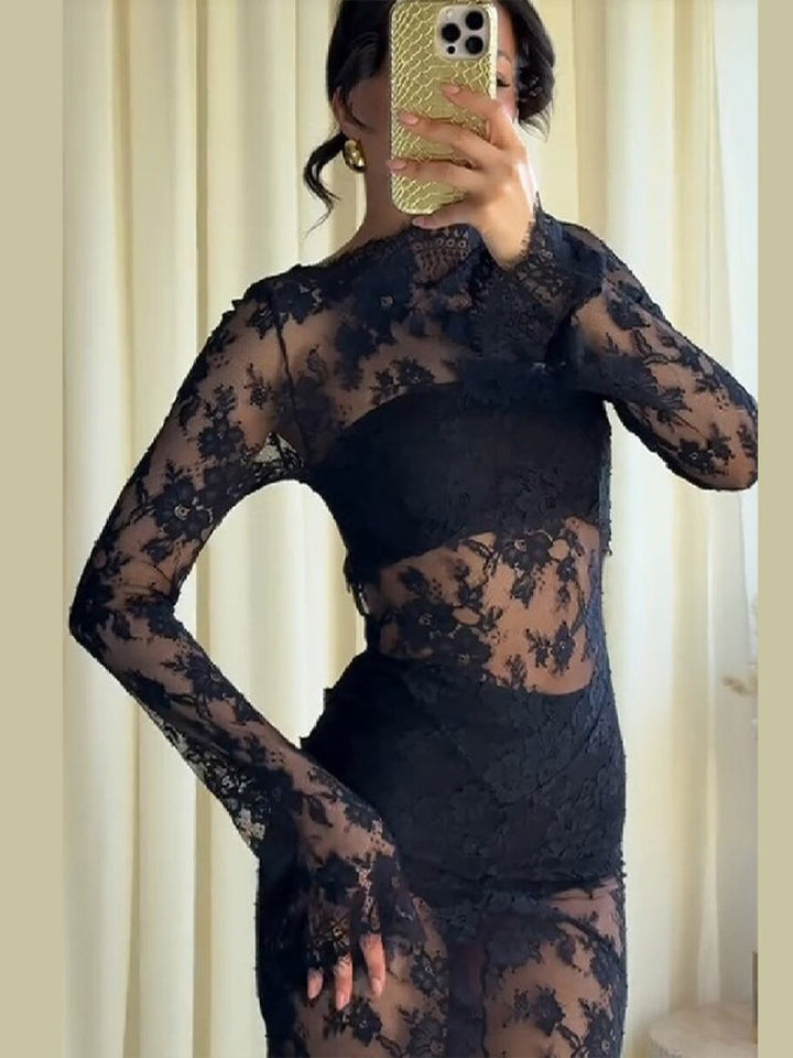 Black Lace Bodycon Maxi Dress – Long Sleeve Elegant Evening Dress for Women