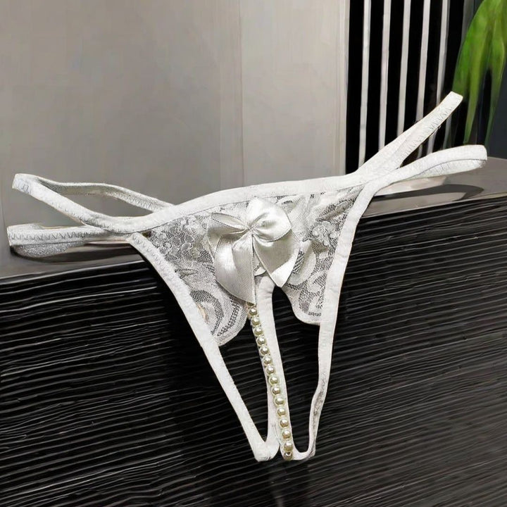 Women’s Lace Thong – Sheer Bow Pearl Detail Lingerie Panty