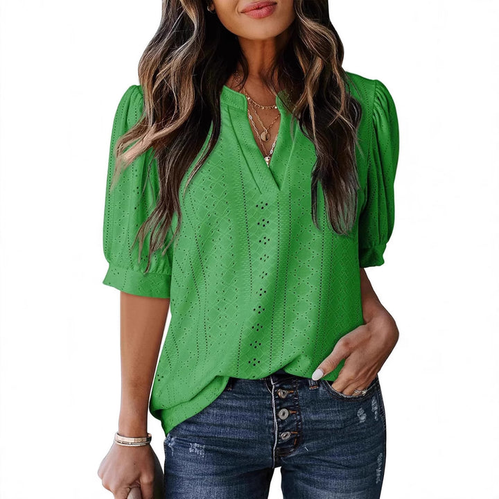 Eyelet V Neck Casual Blouse