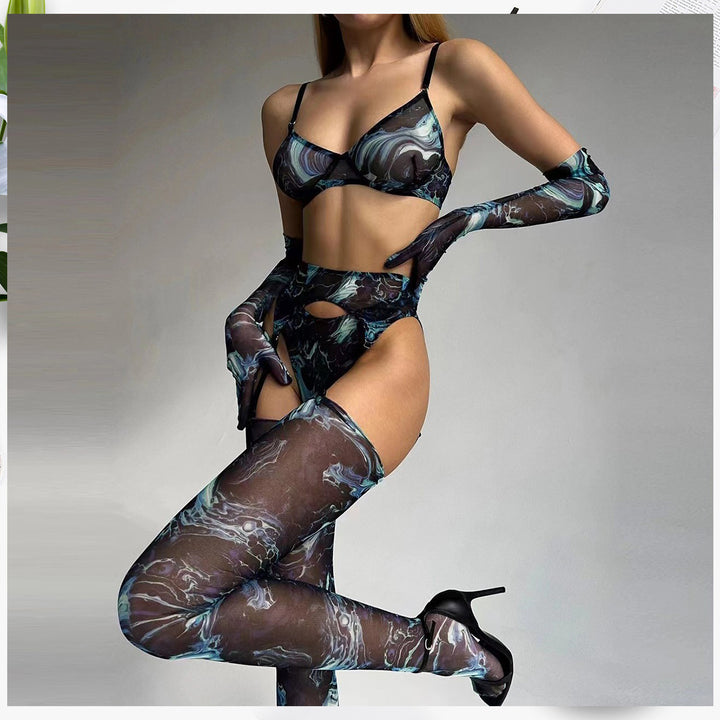 Women’s 5 Piece Lingerie Set – Tie-Dye Mesh Bra and Panty Set