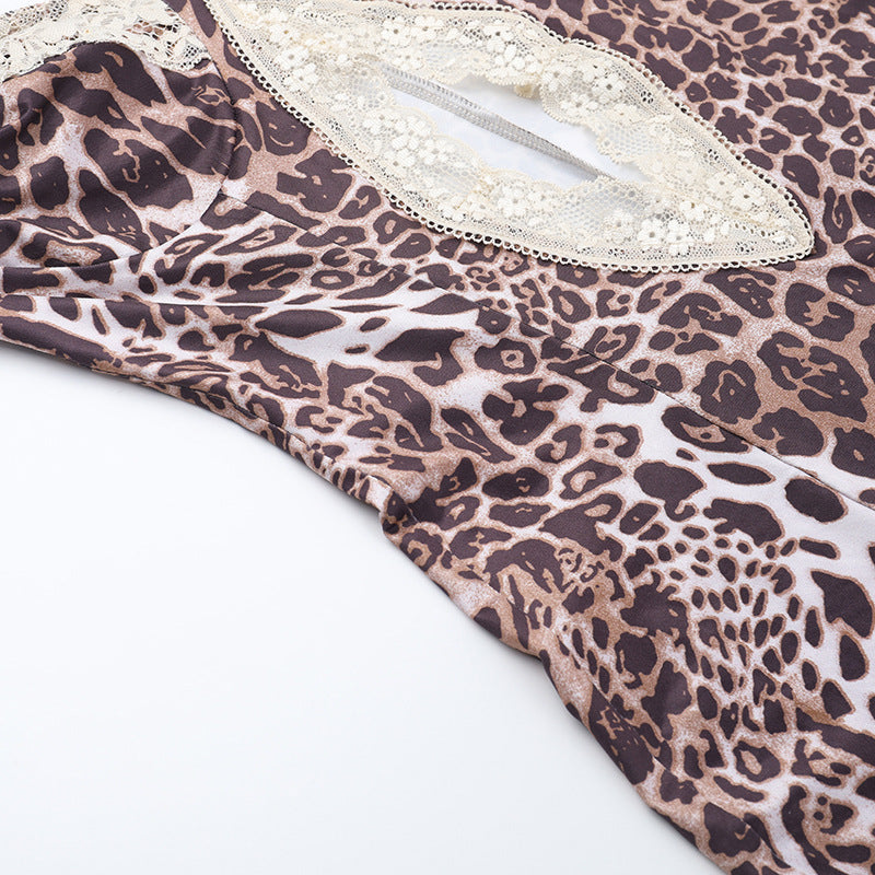 Leopard Print Lace Maxi Dress – Cutout Split Hem Bodycon Dress for Women