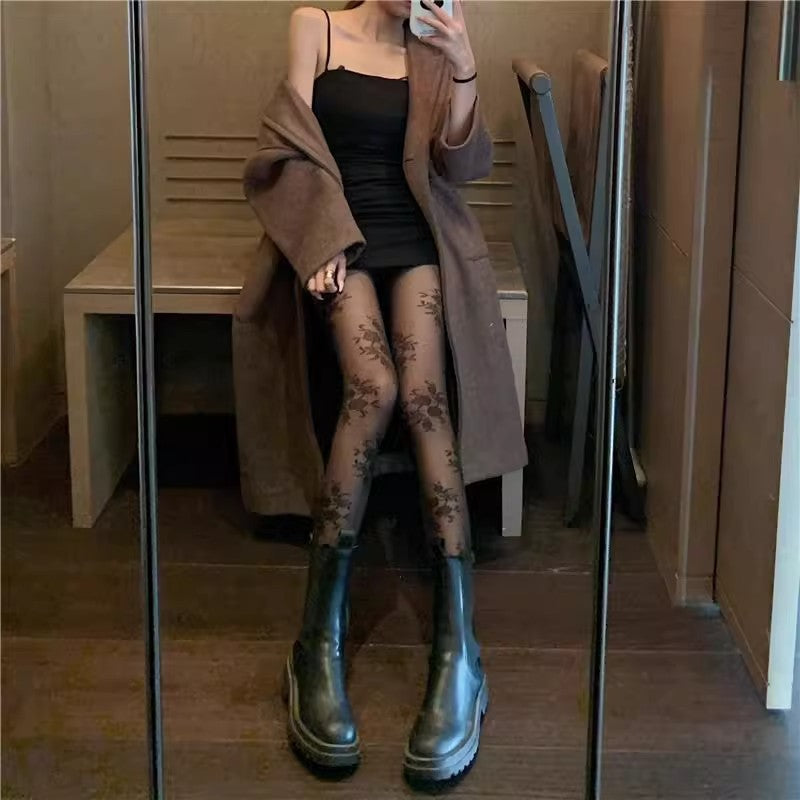Vintage Rose Pattern Sheer Tights – Floral Jacquard Pantyhose for Women