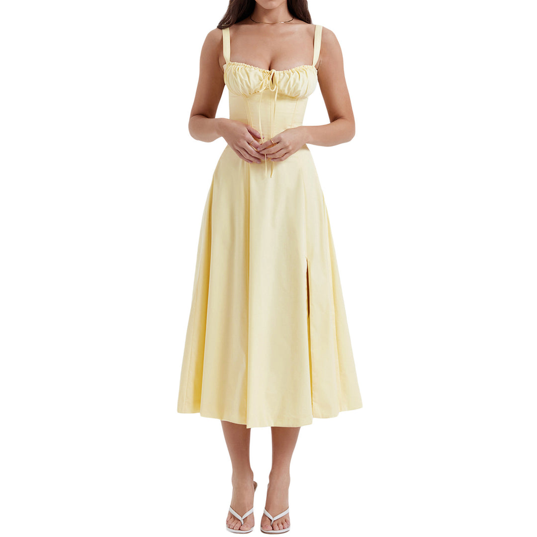 French Style Tie Waist Maxi Dress – A-Line Slit Spaghetti Strap Summer Dress for Women