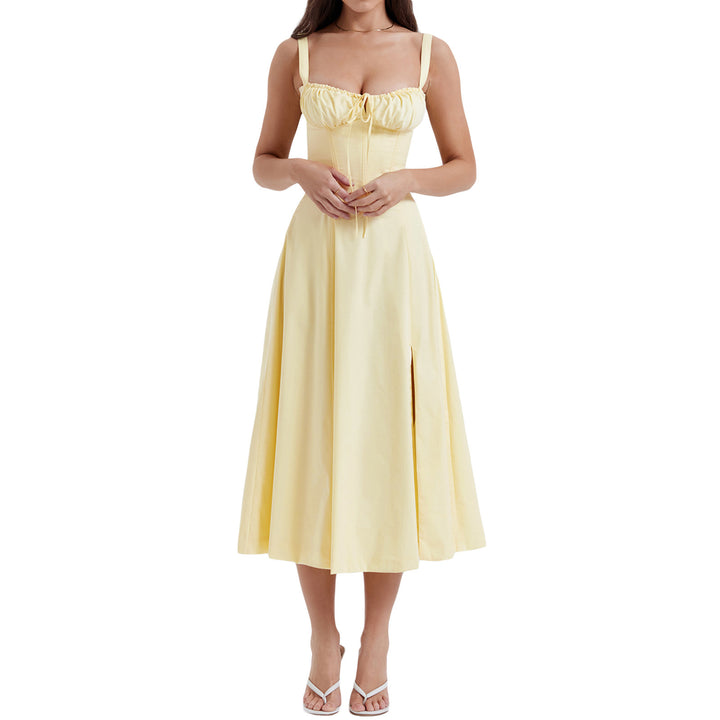 French Style Tie Waist Maxi Dress – A-Line Slit Spaghetti Strap Summer Dress for Women