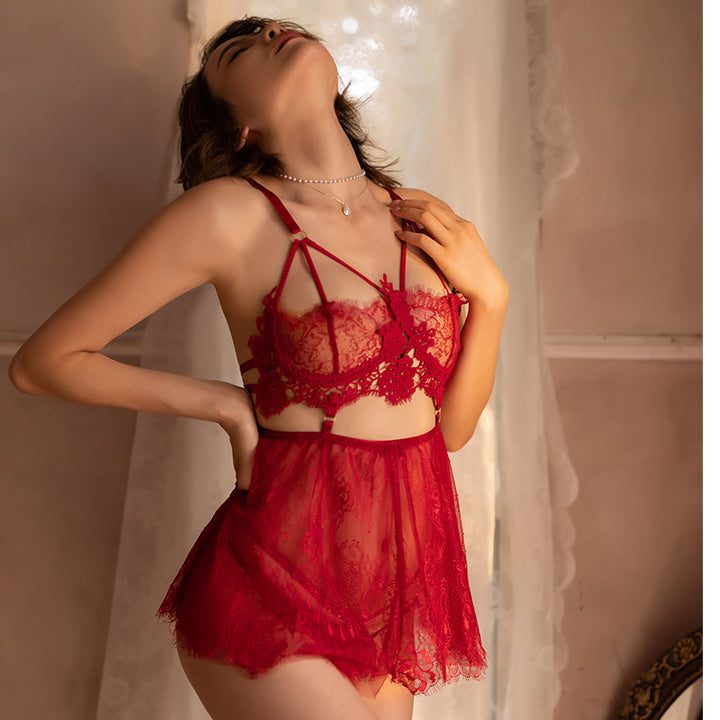 Lace suspender dress with straps