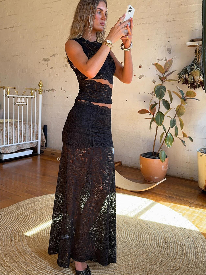 Black Lace Two-Piece Set – High Neck Top & Maxi Skirt Elegant Outfit for Women