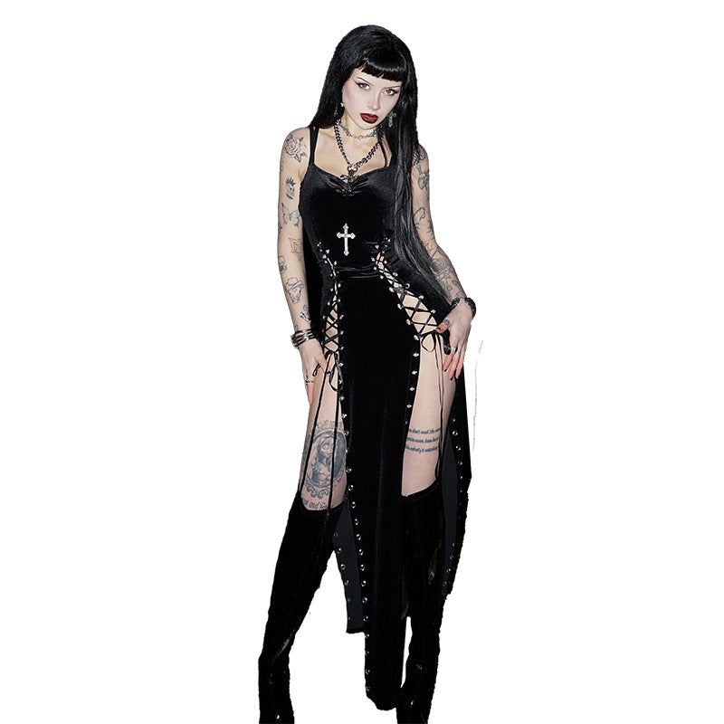 Dark Gothic Maxi Dress – Lace-Up High Slit Bodycon Dress