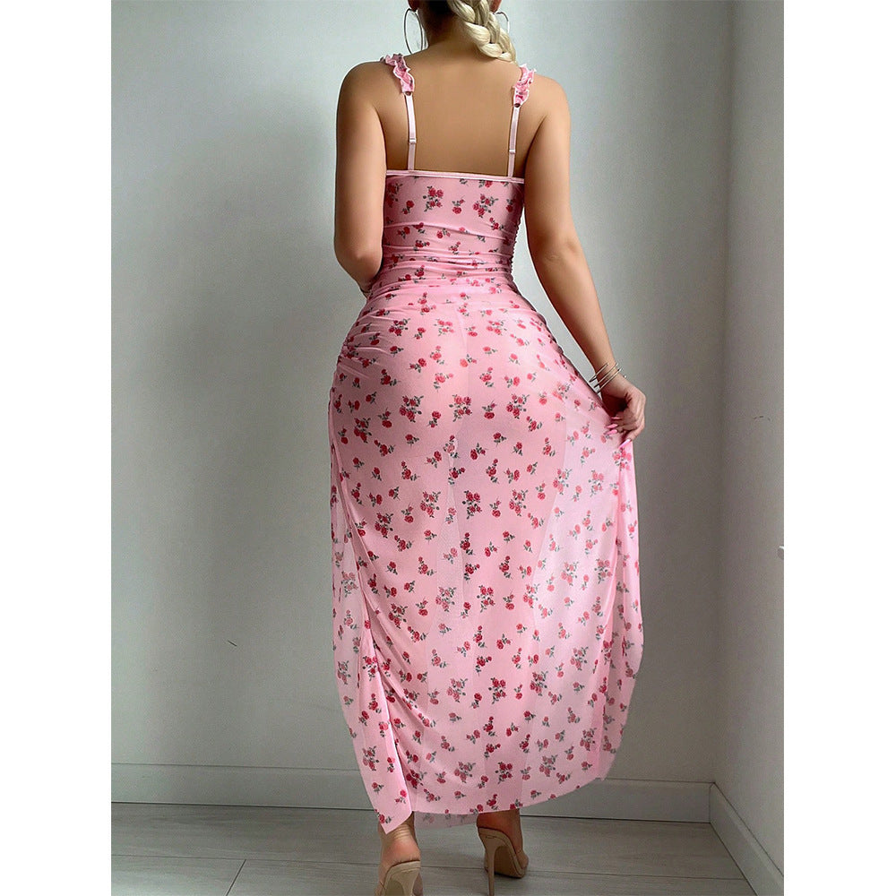 Pink Slit Maxi Dress Set – Sheer Cami Nightdress & Thong 2-Piece for Women
