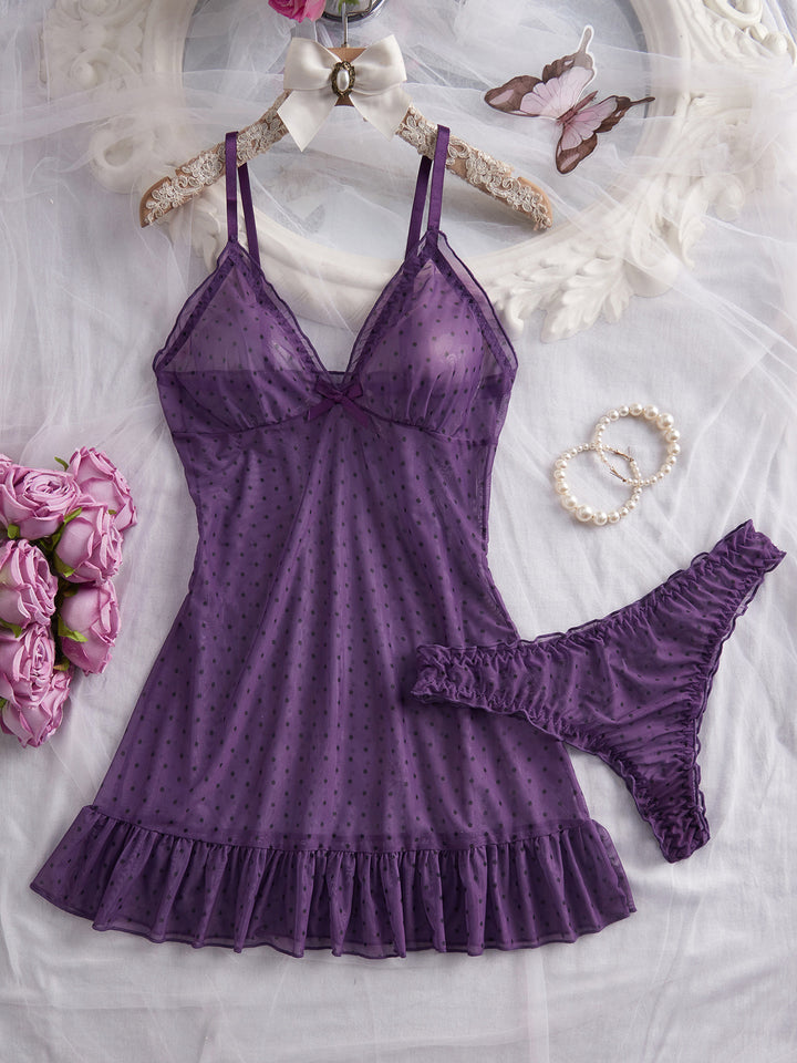Polka Dot Sheer Mesh Nightdress Set – Lightweight Cami Sleepwear for Women