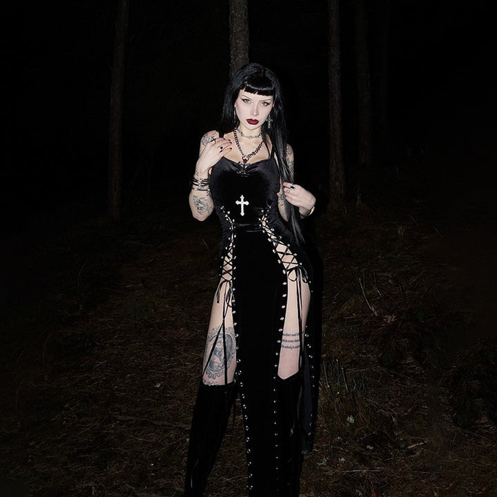 Dark Gothic Maxi Dress – Lace-Up High Slit Bodycon Dress