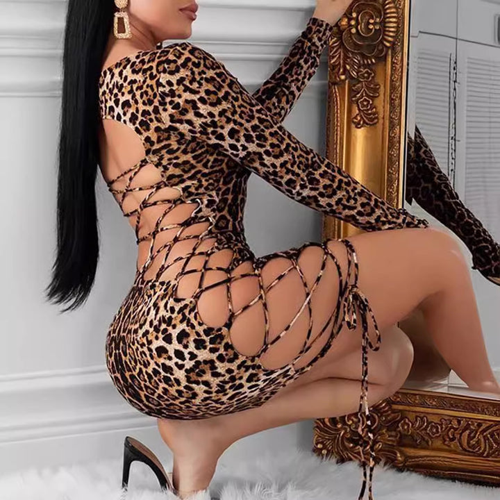 Leopard Print Backless Mini Bodycon Dress – Lace-Up Slim Fit Night Out Dress