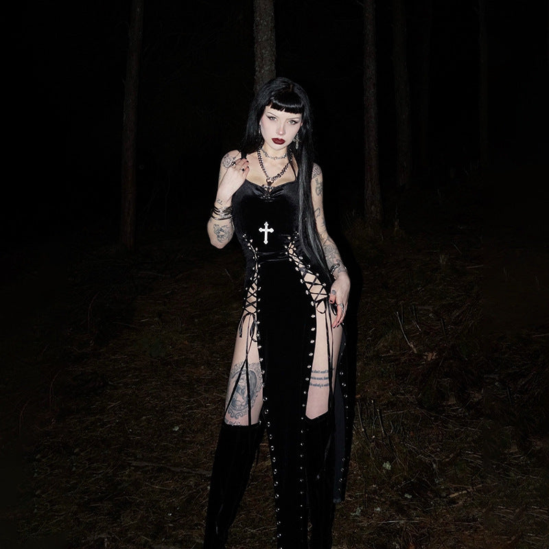 Dark Gothic Maxi Dress – Lace-Up High Slit Bodycon Dress