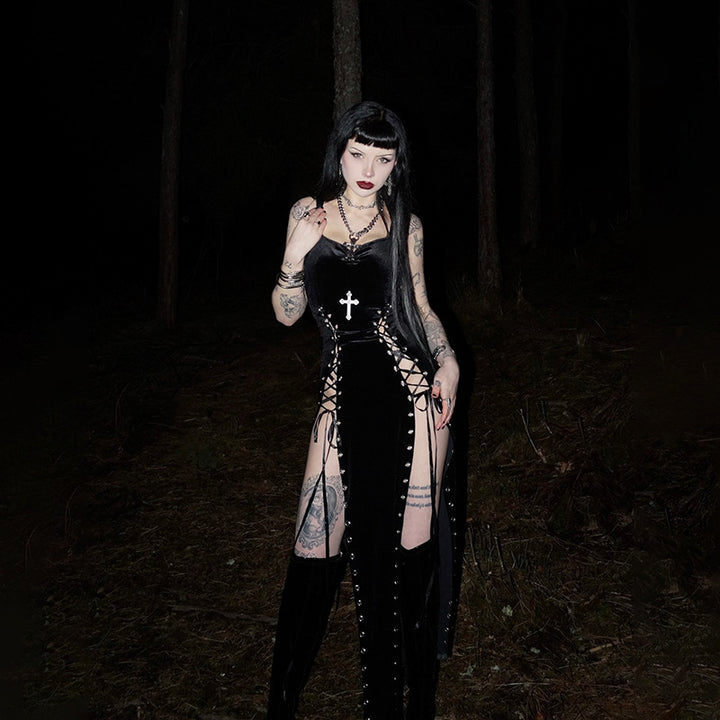 Dark Gothic Maxi Dress – Lace-Up High Slit Bodycon Dress