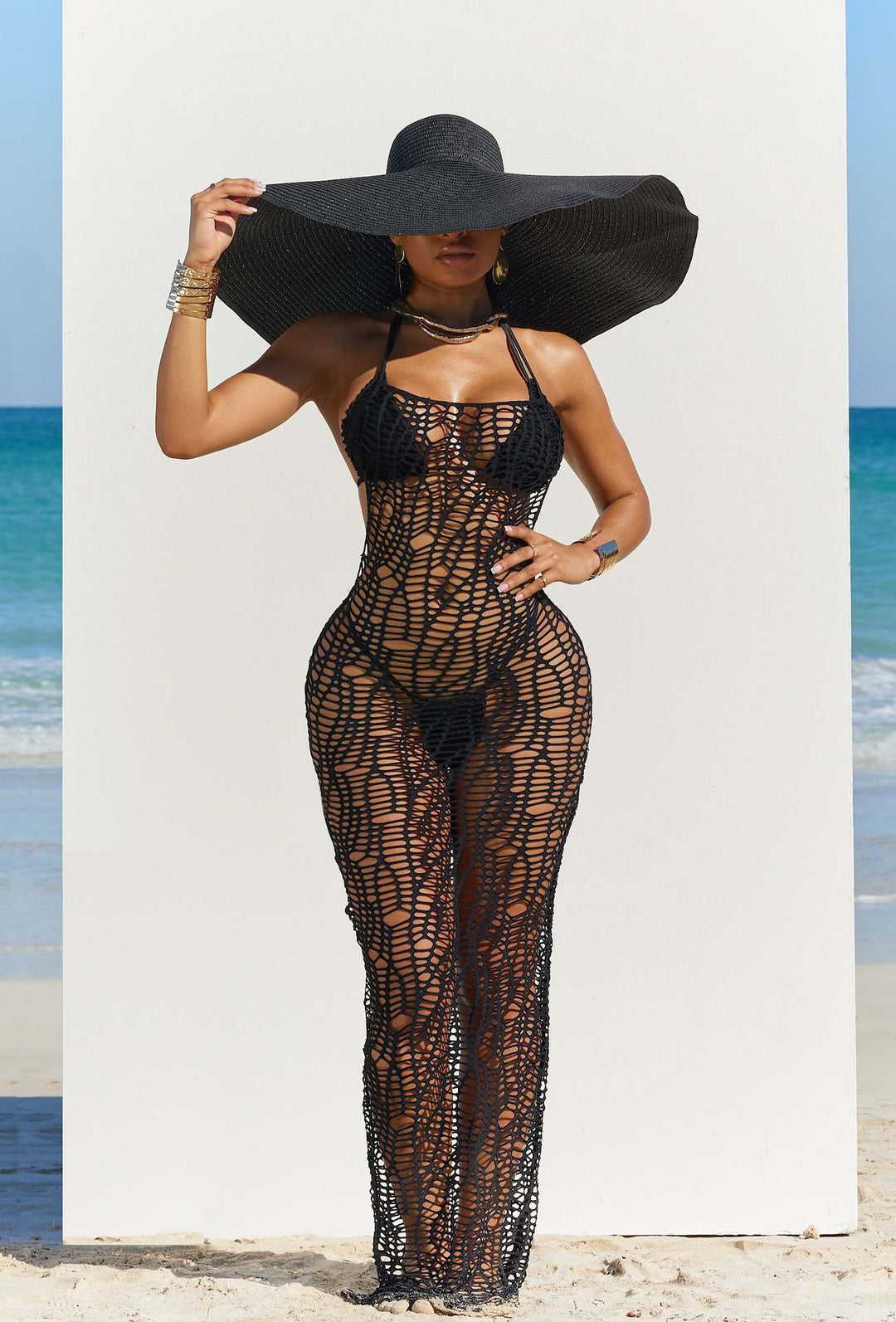 Hollow Out Leaky Back Beach Long Dress Set