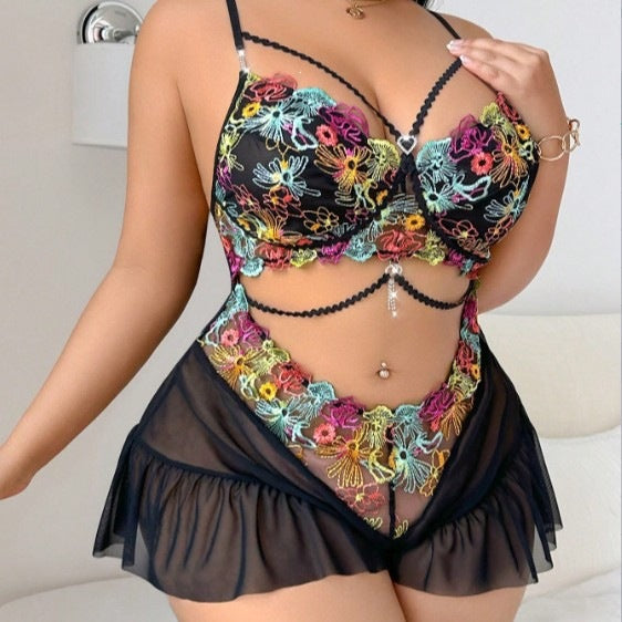 Plus Size Embroidered Lace Bodysuit Dress