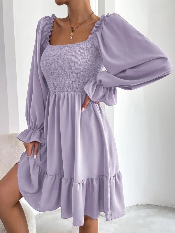 Women’s Square Neck Smocked Ruffle Hem Mini Dress