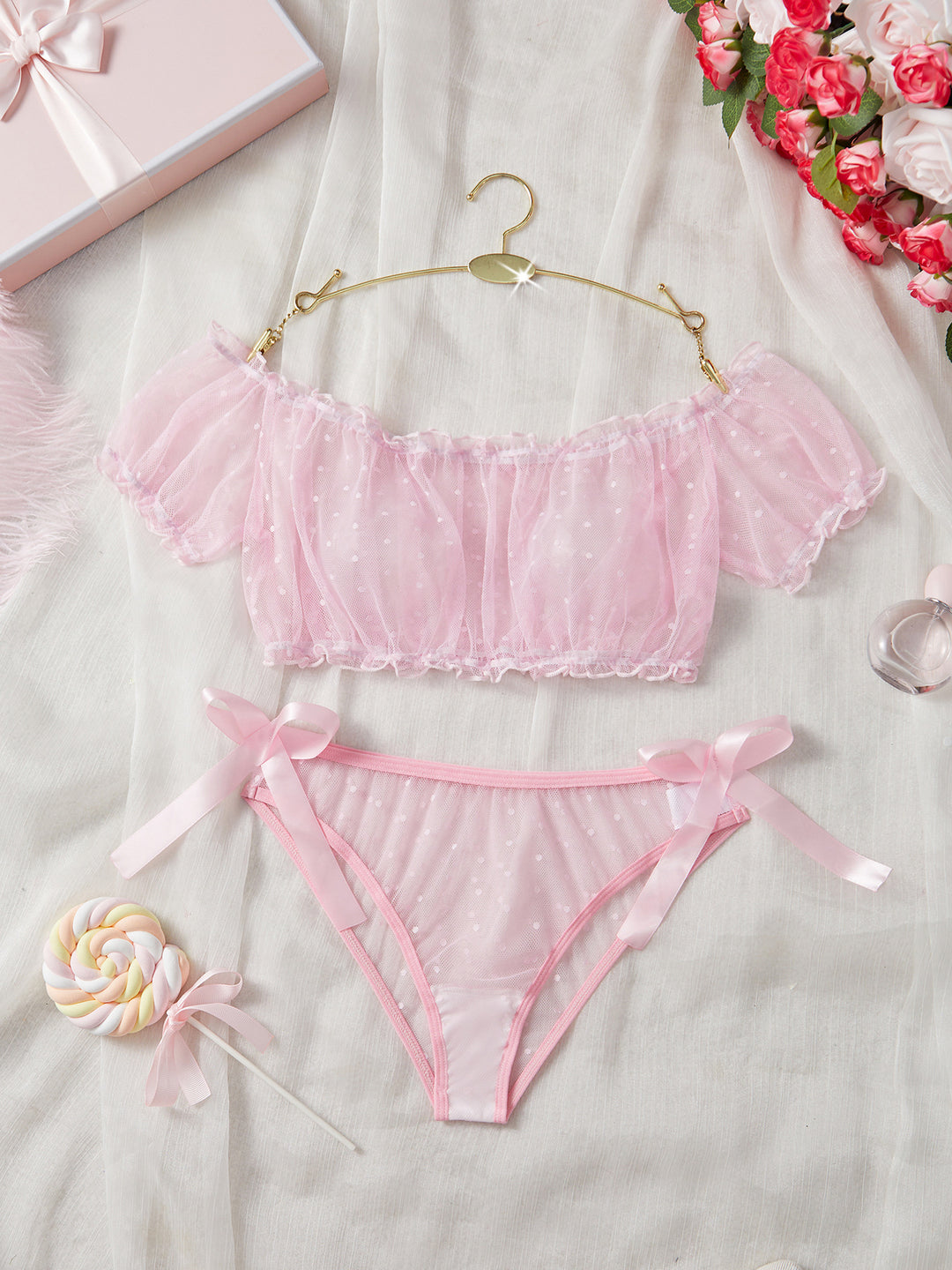 Polka Dot Mesh Lingerie Set