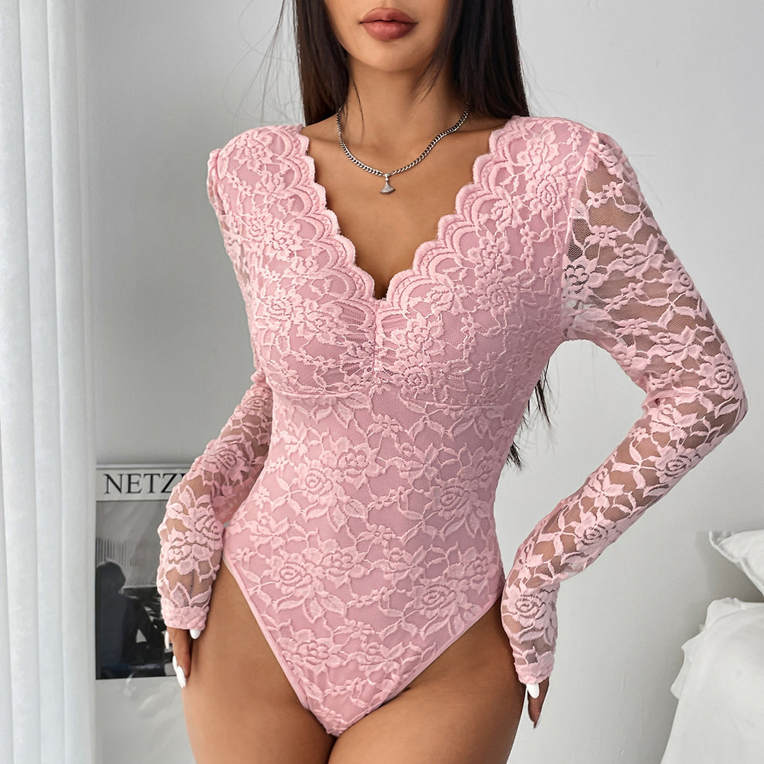 Women's Stretch Lace Long Sleeve Romper