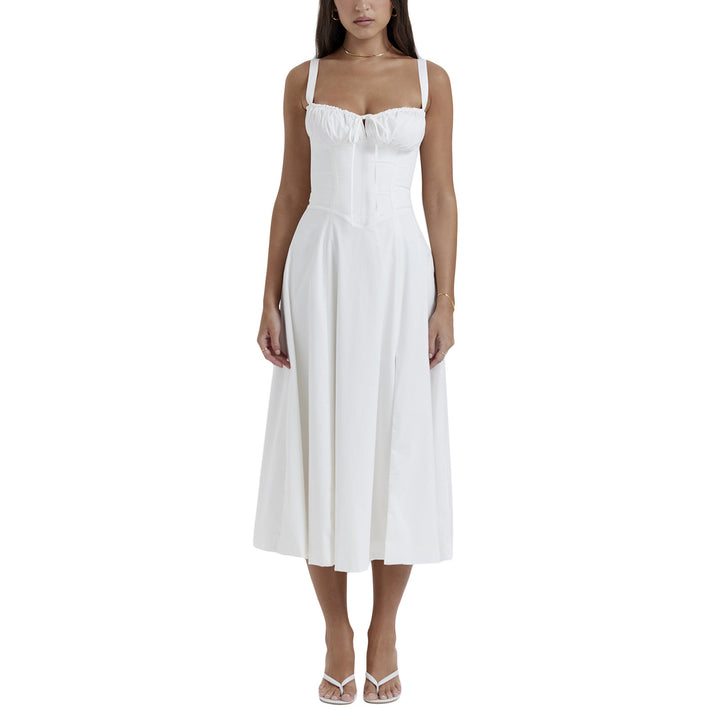 French Style Tie Waist Maxi Dress – A-Line Slit Spaghetti Strap Summer Dress for Women