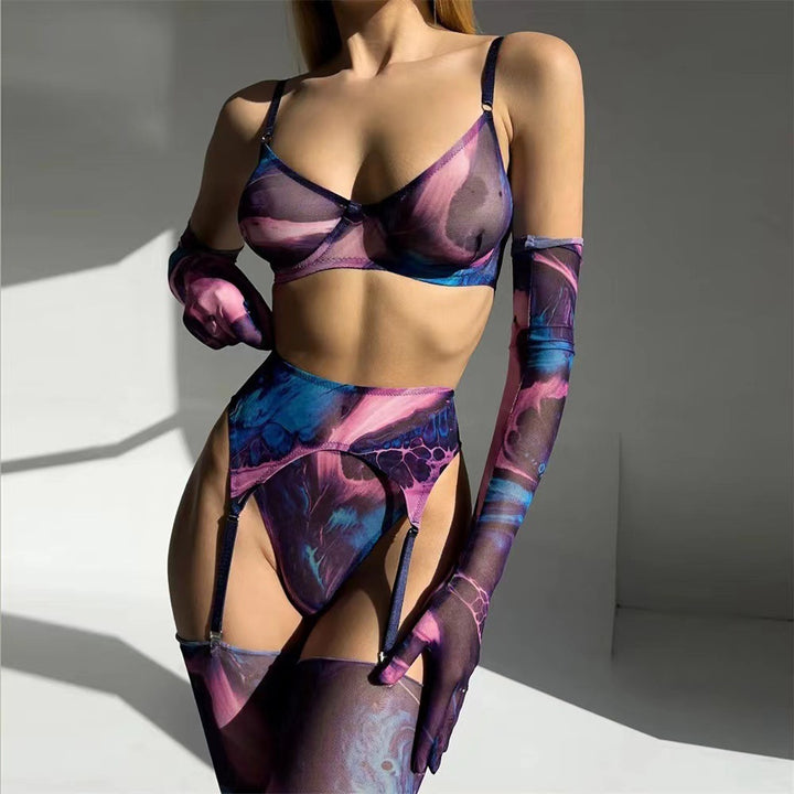 Women’s 5 Piece Lingerie Set – Tie-Dye Mesh Bra and Panty Set