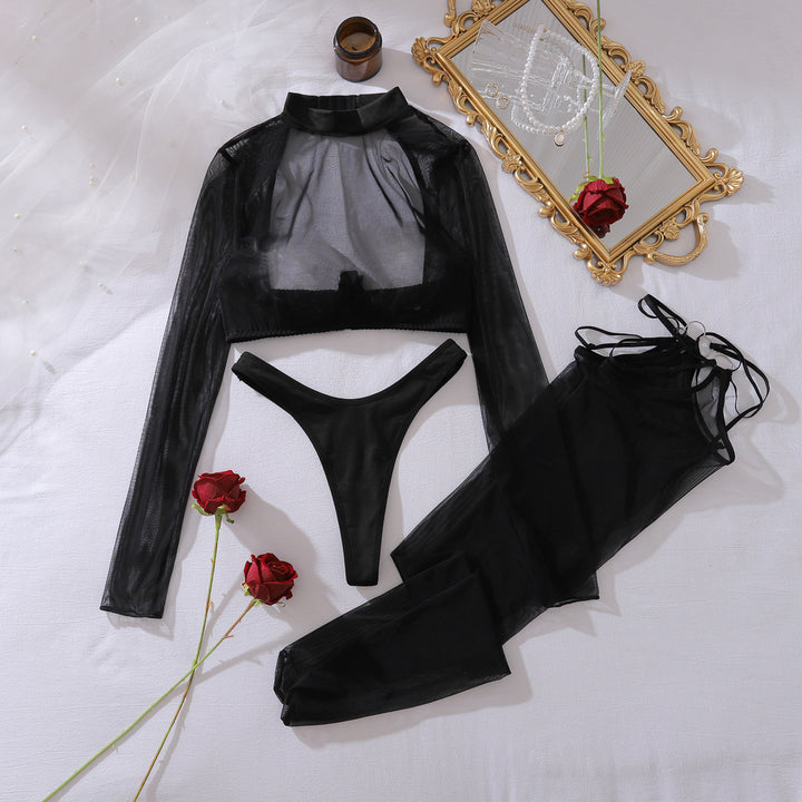 Sheer Mesh Lingerie Set – Long Sleeve Shaping Top & Stockings Outfit for Women