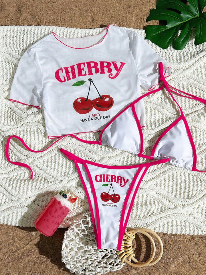 3-Piece Printed Bikini Set – Sheer Mesh Cover-Up Swimsuit for Women