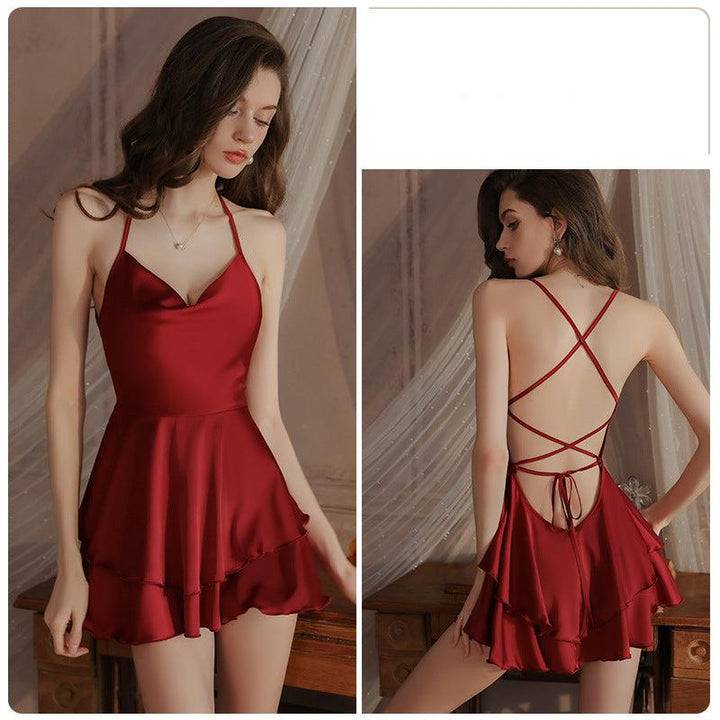 Sweet backless ice silk suspender nightdress