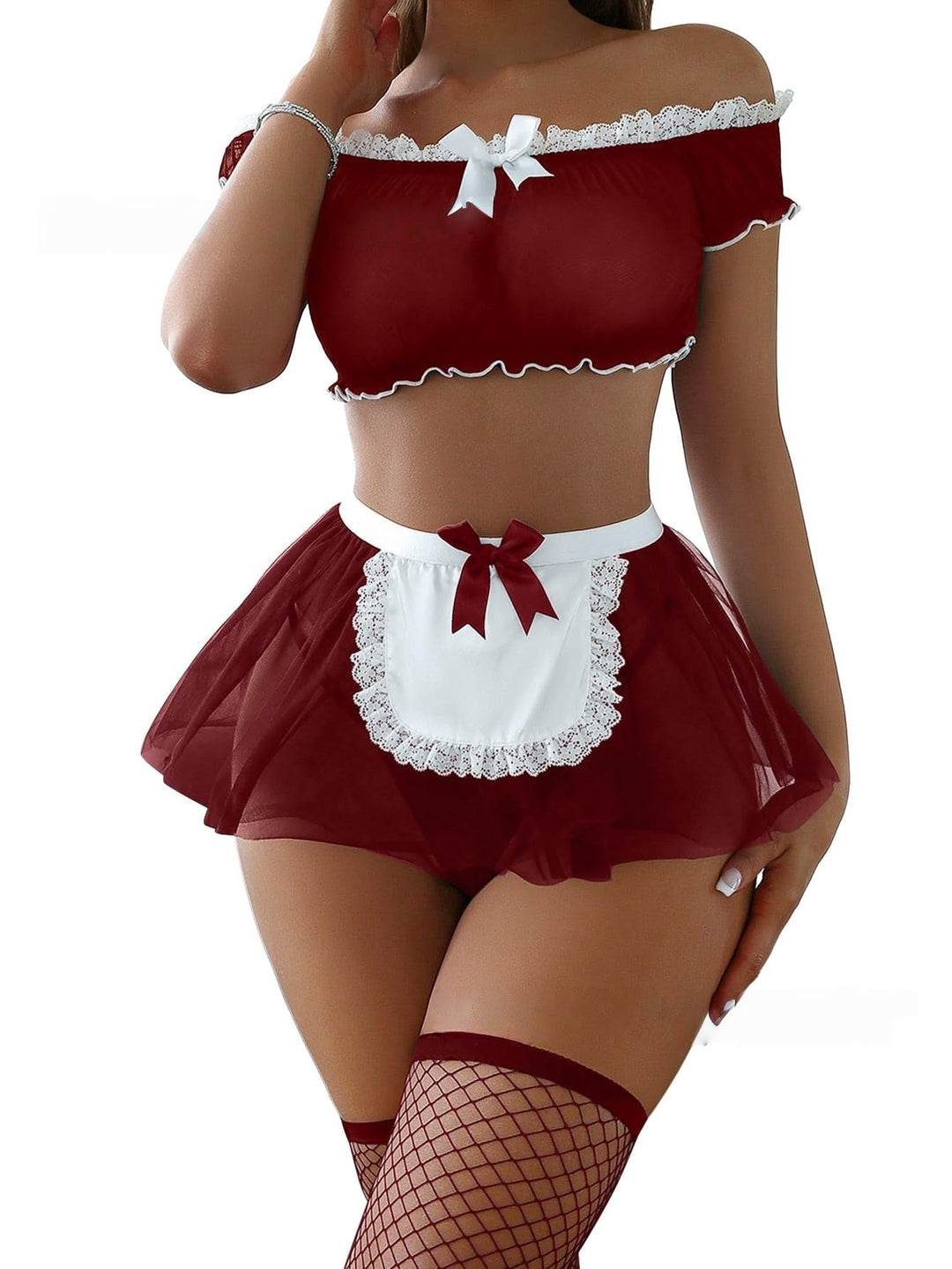 Women’s Maid Outfit – Bow Lace Mesh Lingerie Dress Set